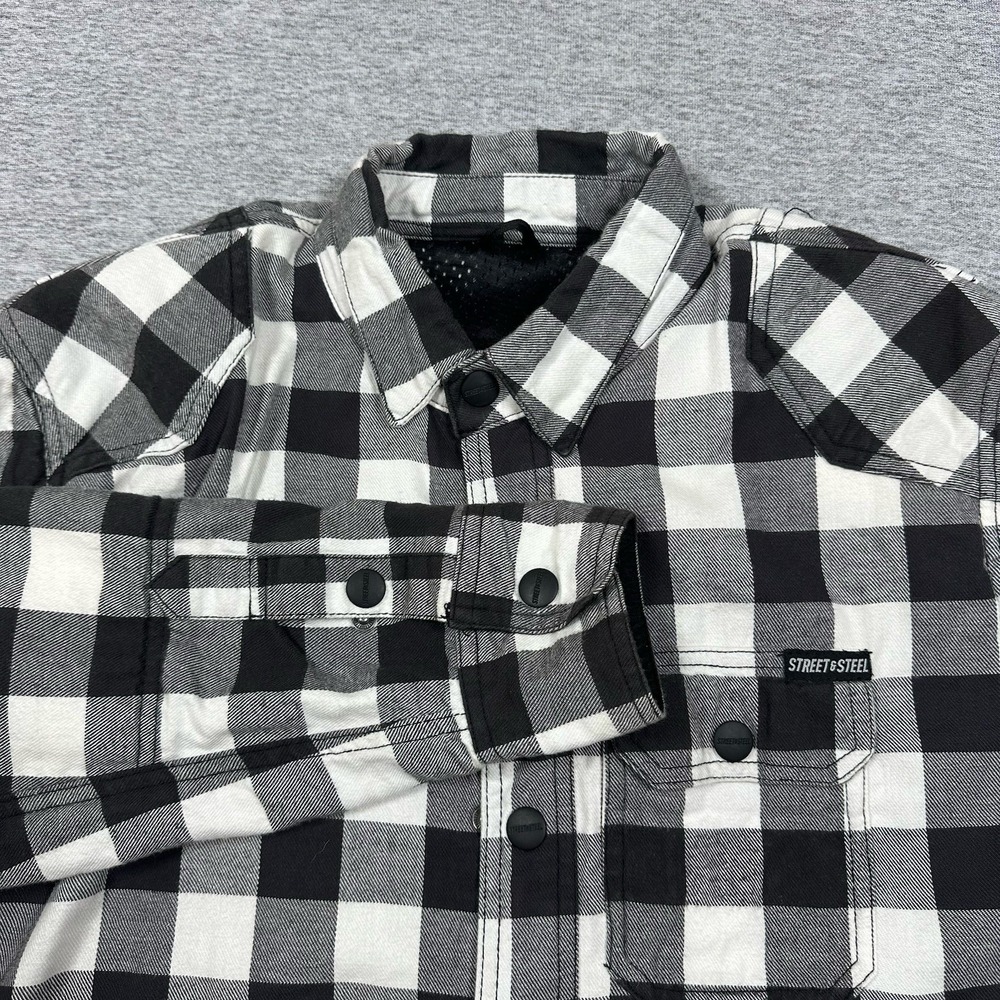 Street & Steel Motorcycle Shirt Jacket Mens Large Black White Plaid Button Zip
